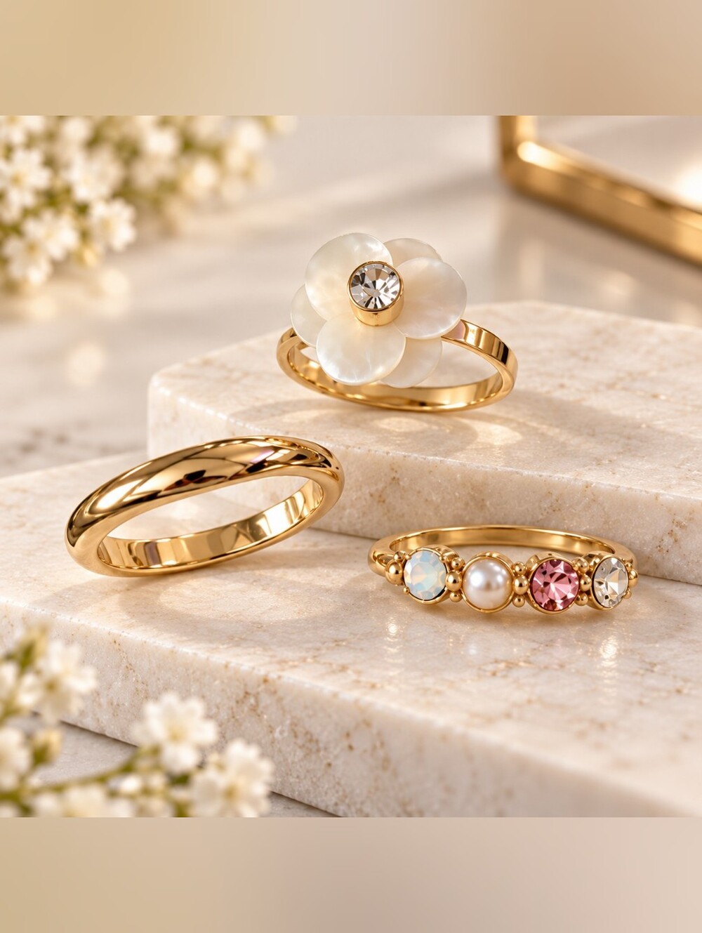 Nordstrom Gold-Tone Stackable Ring Trio with White Flower and Pink Accent